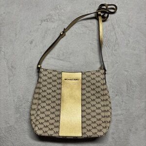 Michael Kors Center Stripe Crossbody Shoulder Handbag Purse Beige Gold MK